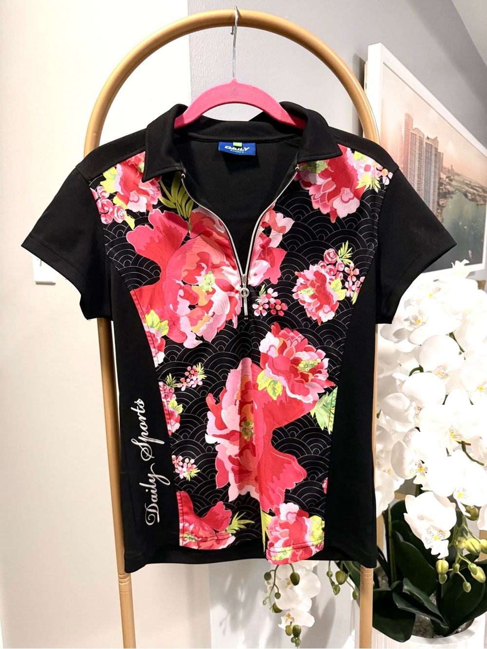 Daily Sports Black Floral Golf Polo Top Size M